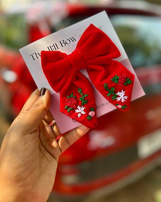 Red velvet- Embroidered tartan bow clip.